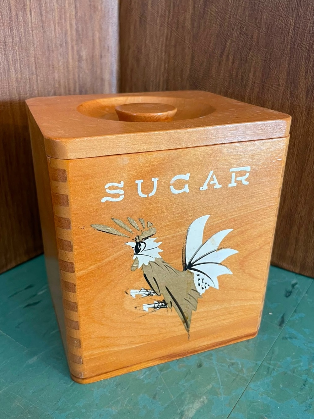 Vintage wood sugar canister rooster